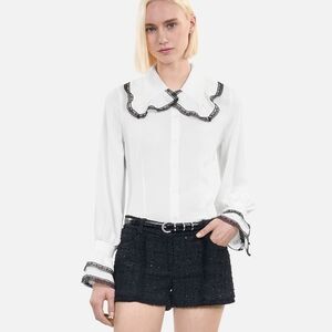 The Kooples White Ruffled Bib Collar Blouse, 100% Silk.
